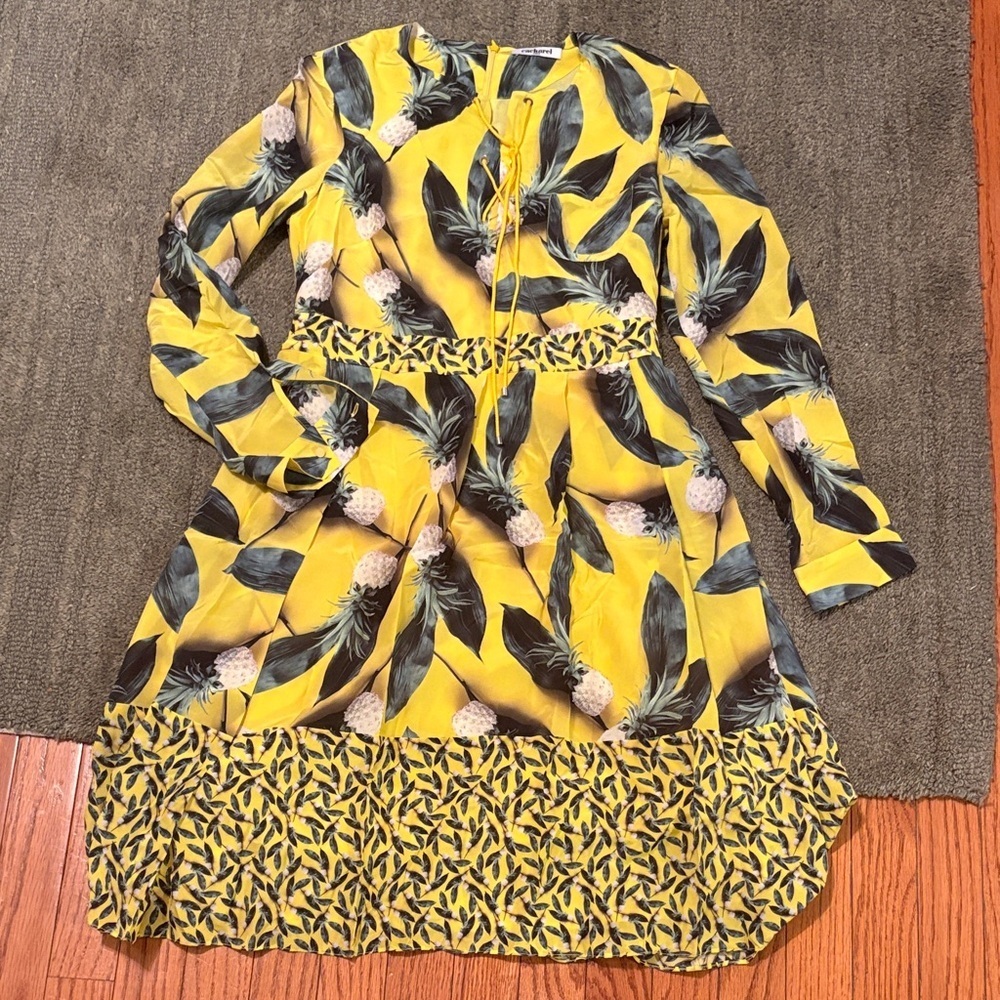 Cacharel Paris Yellow Leaf Print Long Sleeve Dress